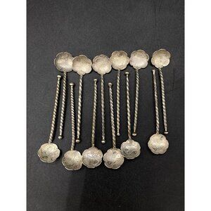 Lot Of 12 Sterling Silver Demitasse Spoons Asian Koi Fish Twisted Coin